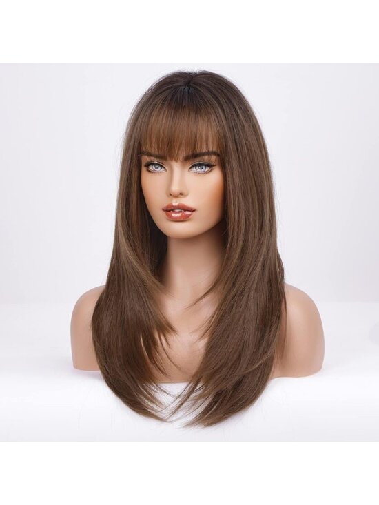 Women\'s Dark Brown2 Heat Resistant Long Curly Wavy Synthetic Wig Bang Size 26In main image 6